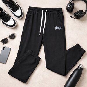 Mens Heavyweight Lounge Jogger Pants Black Elastic Waist Relaxed Fit Tall Medium